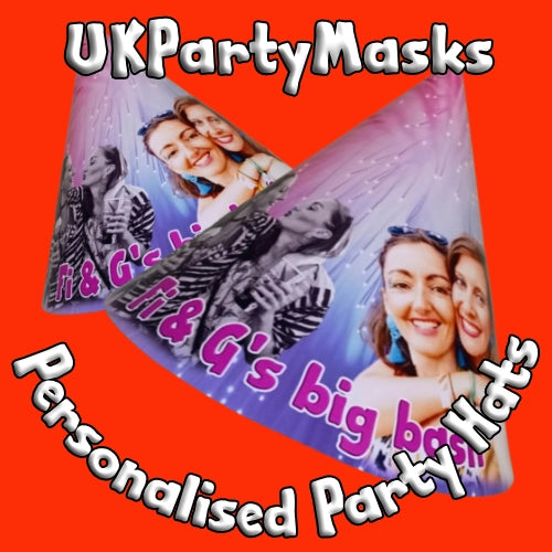 Personalized party hats with images of people on a red background, branded as UKPartyMasks.