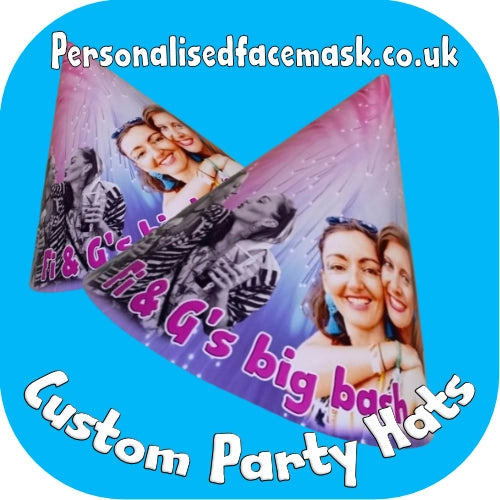 Two custom party hats with a photo of two women on a blue background with text 'Personalisedfacemask.co.