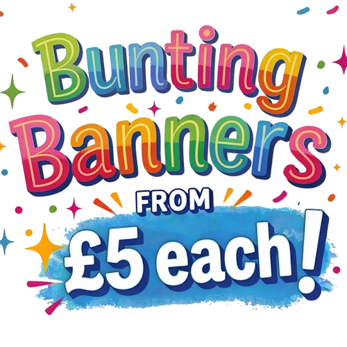 Promotional text for bunting banners with colorful text and price on a white background