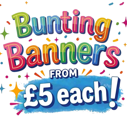 Promotional text for bunting banners with colorful text and price on a white background