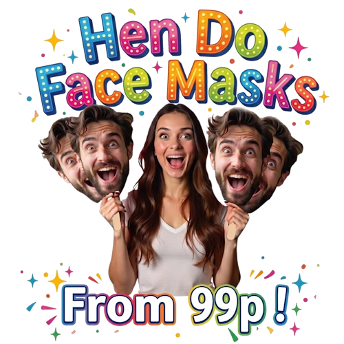 Promotional image for hen do face masks with colorful text and people holding masks.