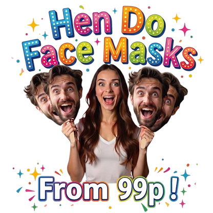 Promotional image for hen do face masks with colorful text and people holding masks.