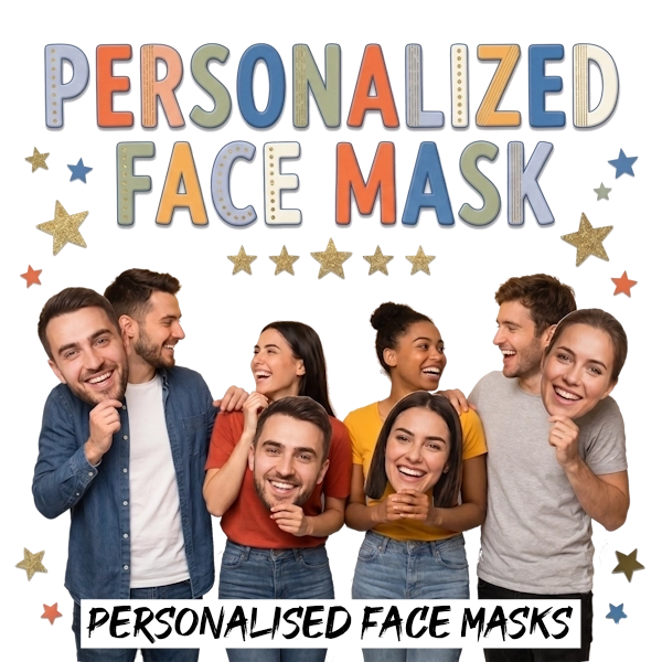 personalised face masks with group of people holding face masks
